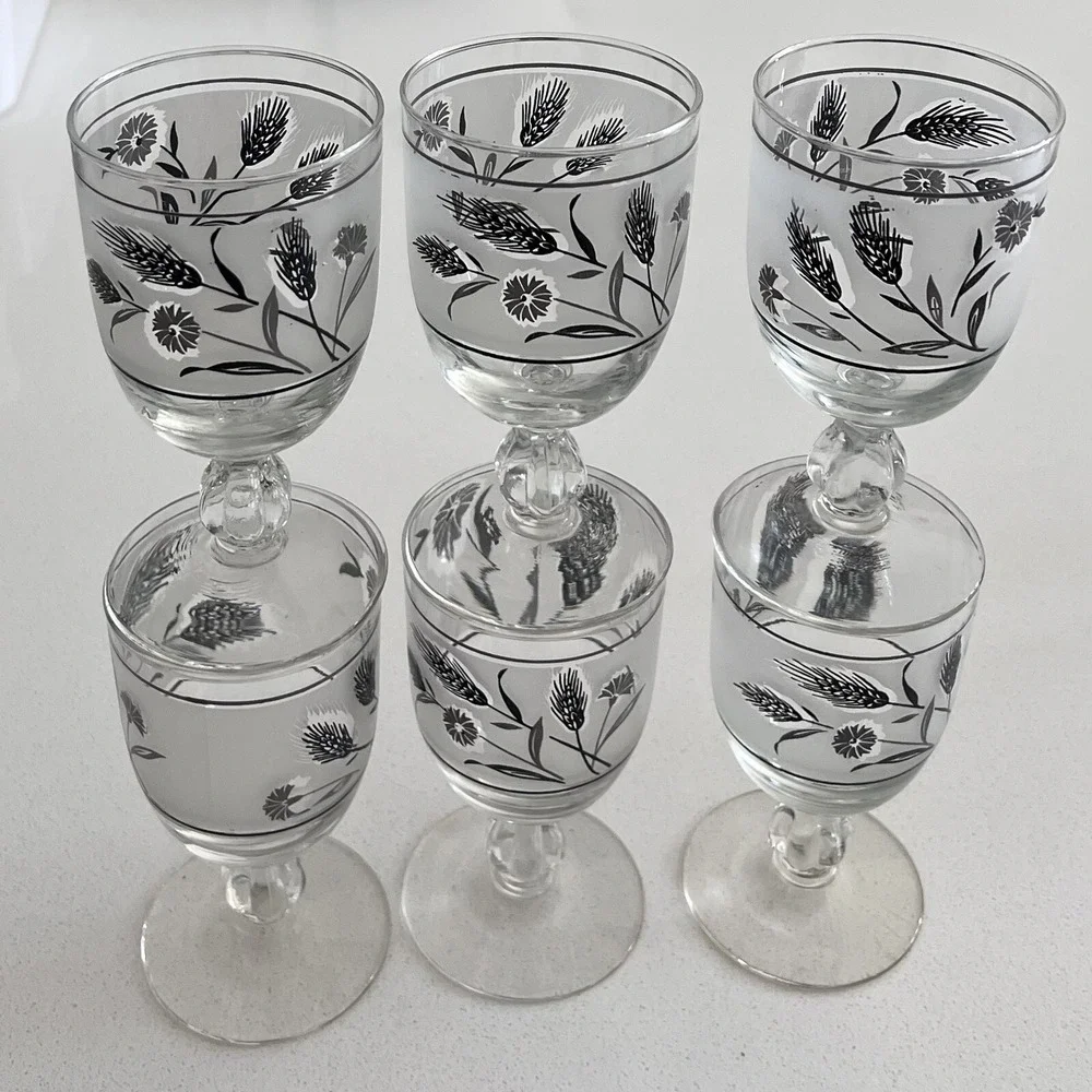 Vtg MCM Libbey Silver Wildflower & Wheat Frosted Pedestal Goblets Set Of 6